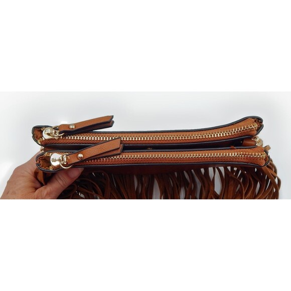 Aldo Brown Fringed Crossbody Bag Zippered Chain Faux Leather 8 Inch Boho - Picture 6 of 14